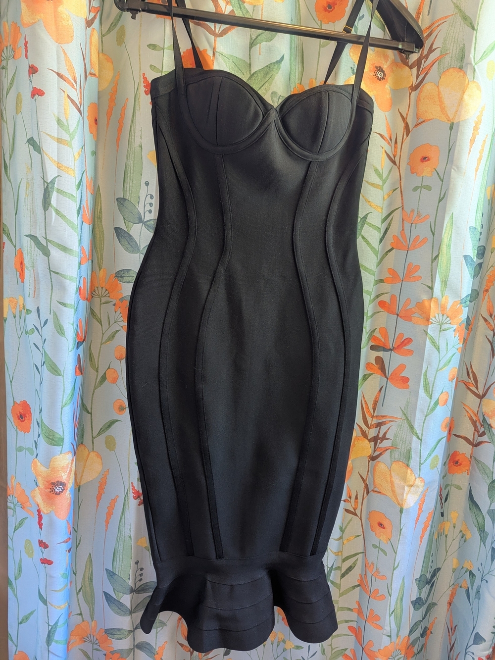 Lulu's Black Strapless Structured Bustier Midi Dress with Ruffle Hem